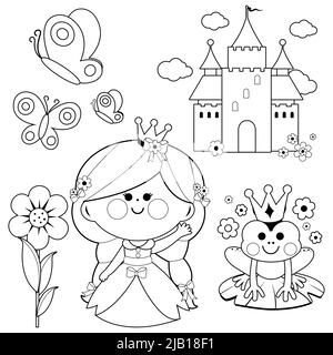 Bella principessa che tiene fiori di primavera, unicorno, una rana magica, castello e farfalle. Pagina da colorare in bianco e nero Foto Stock
