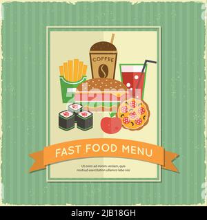 Poster retrò del menu fast food con nastro e sandwich patatine fritte drink illustrazione vettoriale Illustrazione Vettoriale