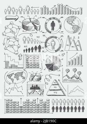 Diagrammi di schizzo grafici a barre a punti grafici a torta infografiche Imposta illustrazione vettoriale doodle Illustrazione Vettoriale