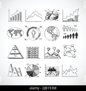 Schizza i diagrammi di affari grafici a barre di punti grafici a torta icone Imposta l'illustrazione del vettore di doodle isolata Illustrazione Vettoriale
