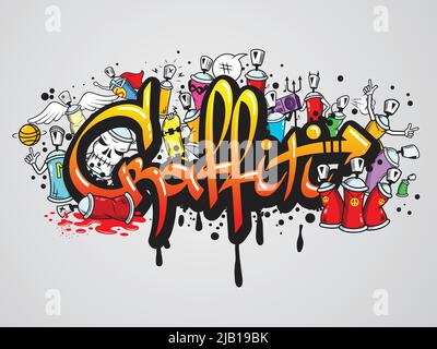 Decorativo graffiti arte vernice spray lettere e caratteri astratto muro illustrazione grafica composizione vettoriale Illustrazione Vettoriale