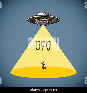 UFO spazio disco volante con silhouette umana in luce spot poster illustrazione vettoriale Illustrazione Vettoriale