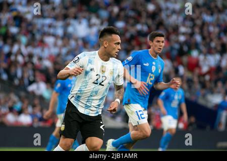 Lautaro Martinez Argentina durante l'Italia contro Argentina - Finalissima 2022 partita al Wembley Stadium il 1 giugno 2022 a Londra, Inghilterra. (Supporto MB) Foto Stock