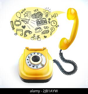 Telefono a colori giallo stile retro con fumetti chat illustrazione vettoriale Illustrazione Vettoriale