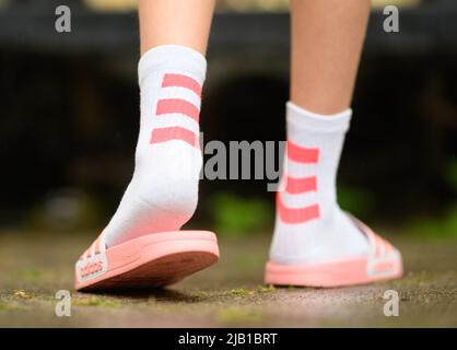 Dresda, Germania. 27th maggio 2022. ILLUSTRAZIONE - Un ragazzo indossa adilette e calze da tennis. (Posed scene) Credit: Robert Michael/dpa/Alamy Live News Foto Stock