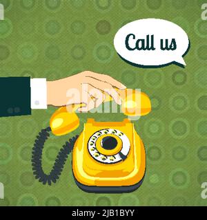 La mano maschile in tuta contiene il classico vecchio telefono giallo retro poster illustrazione vettoriale Illustrazione Vettoriale