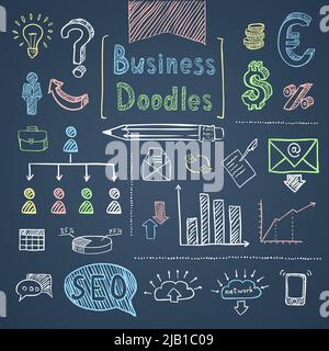 Doodle business set di simboli finanziari grafico e diagrammi illustrazione vettoriale isolata Illustrazione Vettoriale