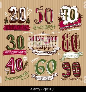 Anniversario cerimonia di celebrazione congratulazioni schizzo segni colorati collezione insieme isolato vettore illustrazione Illustrazione Vettoriale