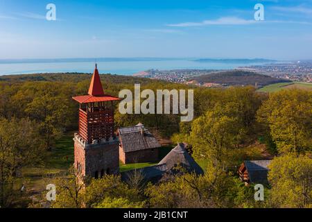 Vista aerea sulla torre panoramica sul monte Csere, con il lago Balaton sullo sfondo. Paesaggio primaverile. Il nome ungherese è Csere-hegyi kilátó. Foto Stock