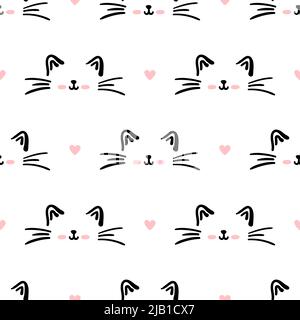 Modello senza cuciture Black Cat. Illustrazione del vettore di sfondo delle zampe meuca e gatto. Carino personaggio pastello cartoon per la stampa bambino ragazza asilo. Illustrazione Vettoriale