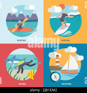 Sport acquatici nautica surf diving yachting icone piatte set illustrazione vettoriale isolata Illustrazione Vettoriale