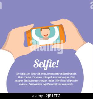 Poster selfie con l'uomo che fa l'immagine dell'autoritratto con l'illustrazione vettoriale della fotocamera dello smartphone Illustrazione Vettoriale