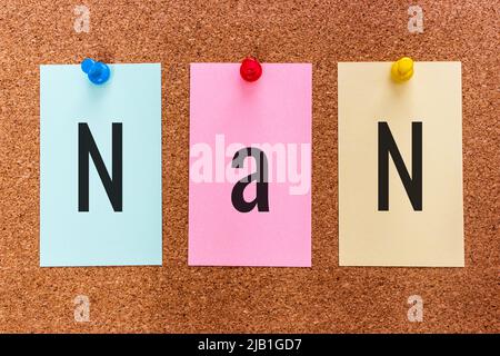 Parola chiave NaN (non un numero) sugli adesivi attaccati ad una tavola. Nan è un termine utilizzato in matematica, informatica per descrivere un valore non numerico Foto Stock