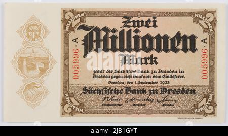 Banconota da 2 milioni di marchi; Germania (Weimar); Sassonia Bank a Dresda; 1.09.1923 Rummler & Jonas Foto Stock