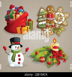 Natale decorazione decorativa icone insieme con regali biscotti candela pupazzo di neve isolato vettore illustrazione Illustrazione Vettoriale