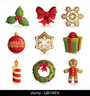 Natale decorazione icone decorative insieme con mistletoe fiocco di neve cookie isolato vettore illustrazione Illustrazione Vettoriale