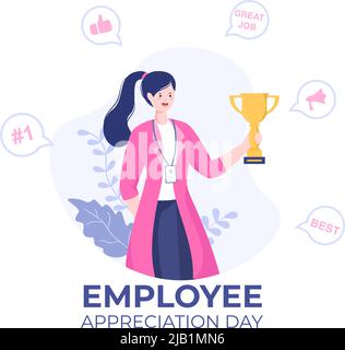 Happy Employee Appreciation Day Cartoon Illustration per ringraziare o riconoscere i propri dipendenti con con grande lavoro o Trofeo in stile piatto Illustrazione Vettoriale