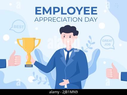 Happy Employee Appreciation Day Cartoon Illustration per ringraziare o riconoscere i propri dipendenti con con grande lavoro o Trofeo in stile piatto Illustrazione Vettoriale