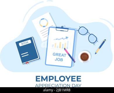 Happy Employee Appreciation Day Cartoon Illustration per ringraziare o riconoscere i propri dipendenti con con grande lavoro o Trofeo in stile piatto Illustrazione Vettoriale