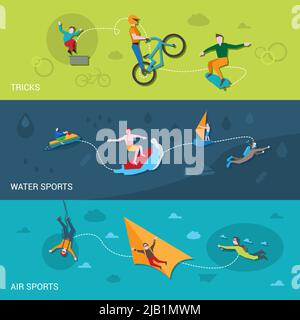 Banner piatti per sport estremi con TRICKS elementi ad acqua e aria illustrazione vettoriale isolata Illustrazione Vettoriale