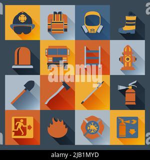 Icone piatte per vigili del fuoco con badge ladder Hat attrezzatura di allarme illustrazione vettoriale isolata Illustrazione Vettoriale