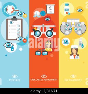 Banner piatto oculista set verticale con controllo visivo diagnostica regolazione occhiali illustrazione vettoriale isolata Illustrazione Vettoriale