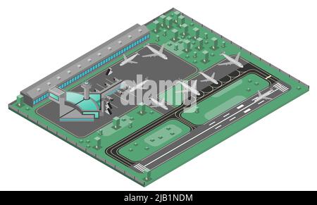 Il concetto isometrico aeroportuale con le icone delle piste e delle infrastrutture degli aerei imposta l'illustrazione vettoriale Illustrazione Vettoriale