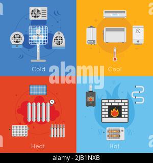 Immagine vettoriale isolata a caldo per riscaldamento e raffreddamento con set di icone piatte per riscaldamento e raffreddamento con calore freddo Illustrazione Vettoriale