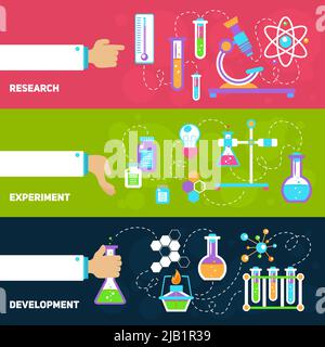 Serie di striscioni orizzontali decorativi per chimica con sviluppo di esperimenti di ricerca illustrazione vettoriale isolata Illustrazione Vettoriale
