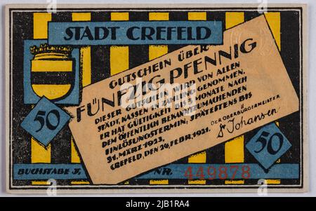 Voucher sostitutivo per 50 pfennig; Stadt, Crefeld, Germania, 24.02.1921 31.03.1923. Foto Stock