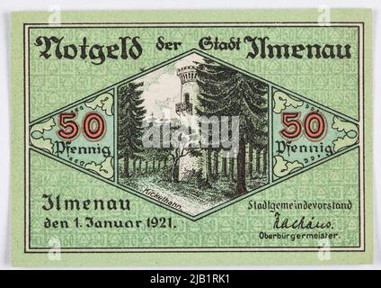 Voucher sostitutivo per 50 pfennig, City, Ilmenau, Germania, 1.01.1921. Foto Stock