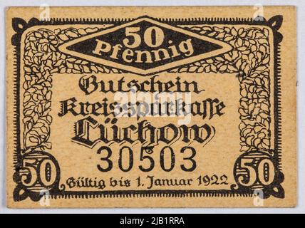 Buono di sostituzione PRESSO 50 Pfennig, Kreissparkasse, Lüchow, Germania, B.R. D. 1.10.1922 Foto Stock