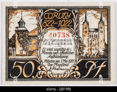Voucher sostitutivo per 50 pfennig, stadt, hӧxter; Germania, 1/05/1921. J. C. König & Ebhardt, Hannover Foto Stock