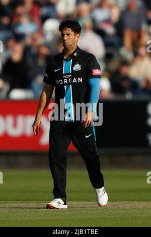 CHESTER LE STREET, REGNO UNITO. GIUGNO 1st Brett D'Oliveira reagisce durante la partita Charlotte Edwards Cup tra i Northern Diamonds e Loughborough Lightning al Seat Unique Riverside, Chester le Street mercoledì 1st giugno 2022. (Credit: Will Matthews | MI News) Credit: MI News & Sport /Alamy Live News Foto Stock