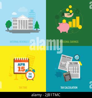 Icone flat imposte impostate con servizio entrate interne risparmio personale calcolo tempo illustrazione vettoriale isolata Illustrazione Vettoriale