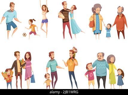Set di cartoni animati di famiglia con genitori nonni e bambini isolato illustrazione vettoriale Illustrazione Vettoriale