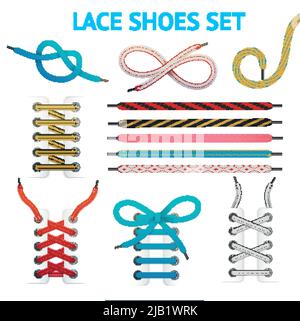 Insieme di icone colorate isolate con stili e colori diversi per diversi tipi di scarpe illustrazione vettoriale Illustrazione Vettoriale