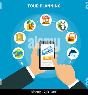 Progettazione della pianificazione dei tour con un uomo che tiene uno smartphone con informazioni sullo schermo sui biglietti per l'illustrazione vettoriale flat di viaggio Illustrazione Vettoriale