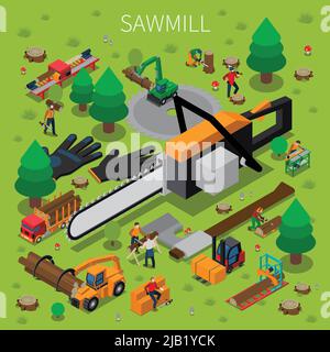 Segheria segheria la composizione isometrica del lumberjack con il concetto astratto di illustrazione vettoriale del processo di logging Illustrazione Vettoriale