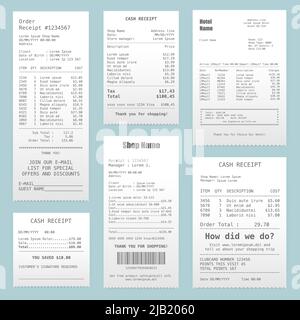 Selezione delle ricevute di cassa per i prodotti di vendita e il servizio alberghiero raccolta di immagini realistiche su sfondo blu illustrazione vettoriale Illustrazione Vettoriale