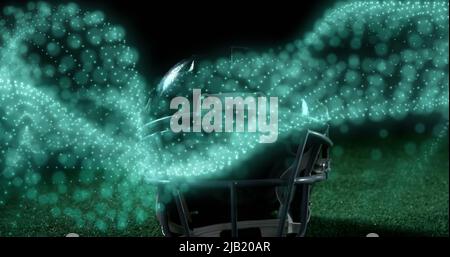 Immagine di una rete luminosa di molecole che si muovono sul casco da calcio americano Foto Stock