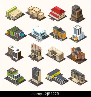 Insieme isometrico di edifici governativi con immagini di case amministrative isolate di diversi scopi e illustrazione vettoriale di stile architettonico Illustrazione Vettoriale