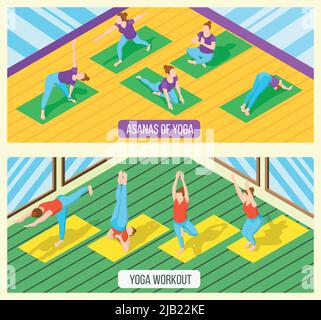 Bandiere orizzontali isometriche insieme con le donne che praticano varie asana yoga in studio di fitness 3d illustrazione vettoriale isolata Illustrazione Vettoriale