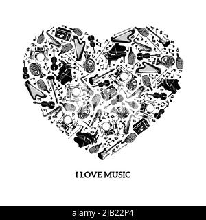 Il concetto di musica d'amore con icone nere strumenti musicali in figura vettoriale forma del cuore Illustrazione Vettoriale