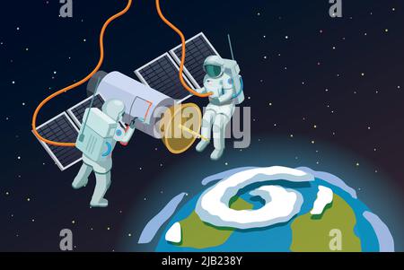 Astronauti in spazio aperto composizione isometrica con sfera terrestre in stile cartoon e due spacemen in armature illustrazione vettoriale Illustrazione Vettoriale