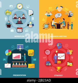 Concetto di business design con quattro composizioni quadrate di diagrammi di icone di gestione del tempo e immagini di raggiungimento degli obiettivi illustrazione vettoriale Illustrazione Vettoriale