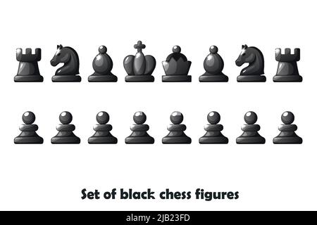 Set di figure nere per gioco da tavolo di strategia scacchi, simbolo vettoriale Illustrazione Vettoriale