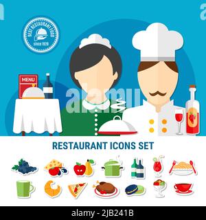 Vari piatti del ristorante, il personale e le posate icone impostare piatto isolato vettore illustrazione Illustrazione Vettoriale