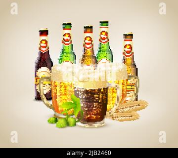 Bottiglie e tazze con birra fresca fredda scura e chiara sfondo realistico illustrazione vettoriale Illustrazione Vettoriale