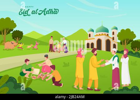 Buon biglietto d'auguri Eid al-Adha mubarak con variante di attività di popoli musulmani che celebrano Eid al-Adha Illustrazione Vettoriale